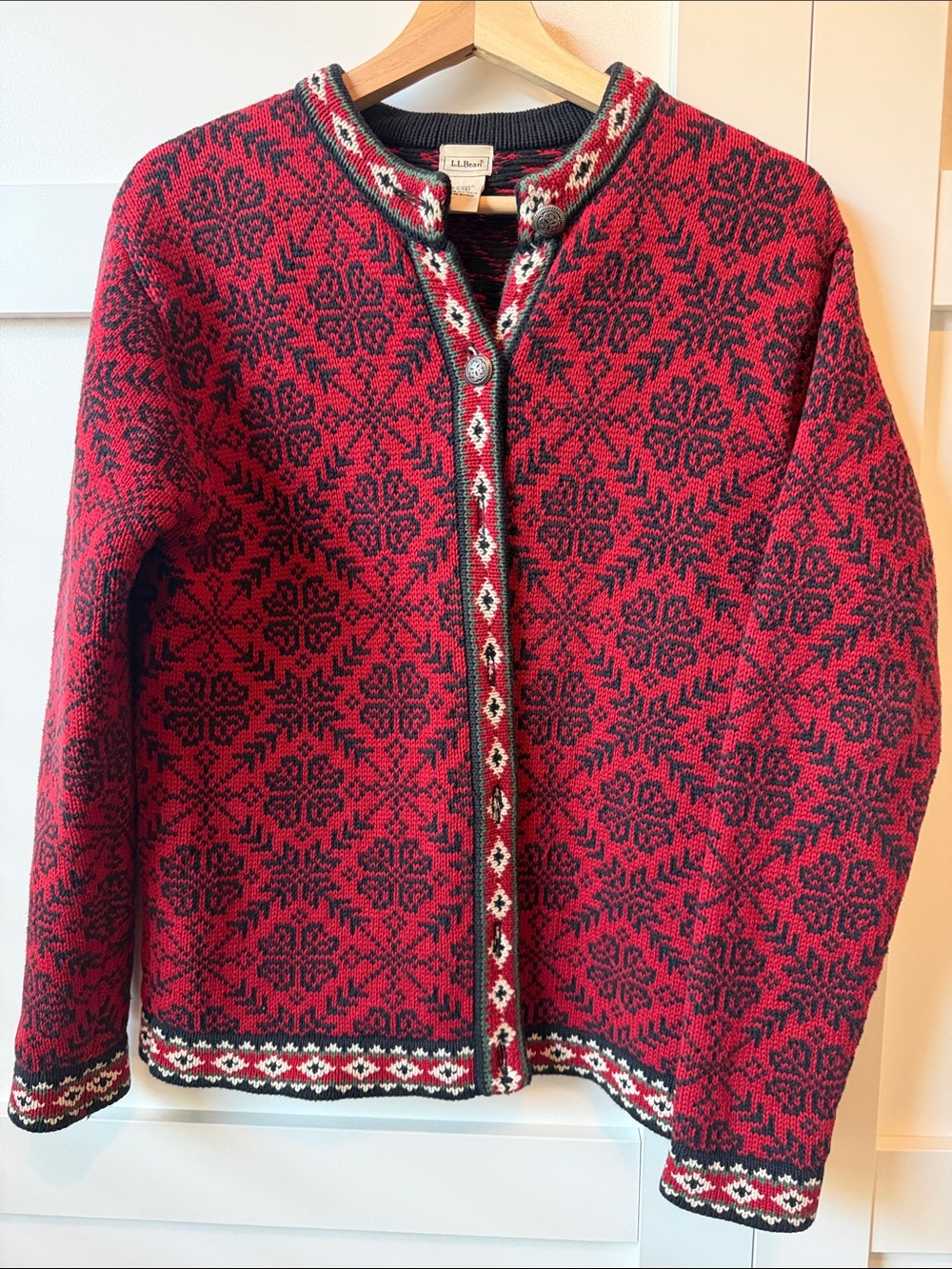 L.L. Bean Red and Black Nordic-Patterned Knit Jacket